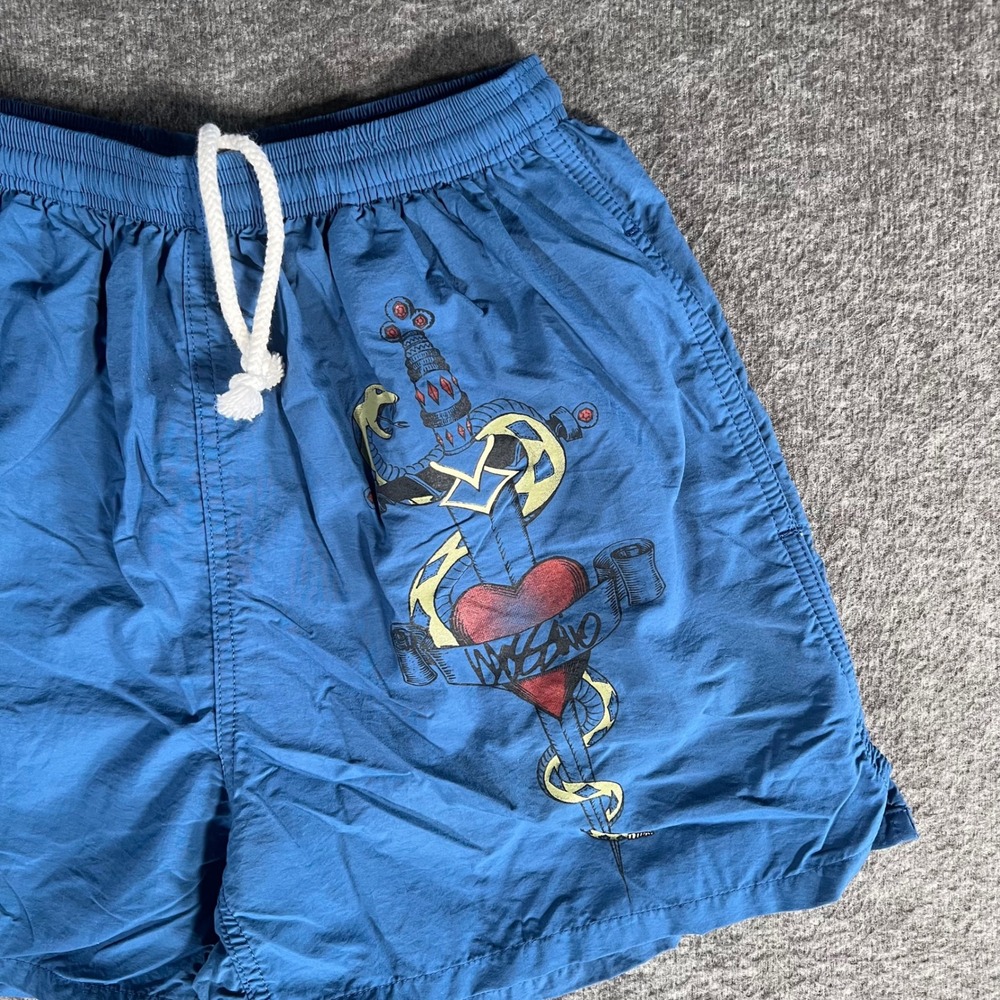 Vintage 80s Mossimo Blue Tattoo Dagger Christian Audigier Swim Trunks Small USA